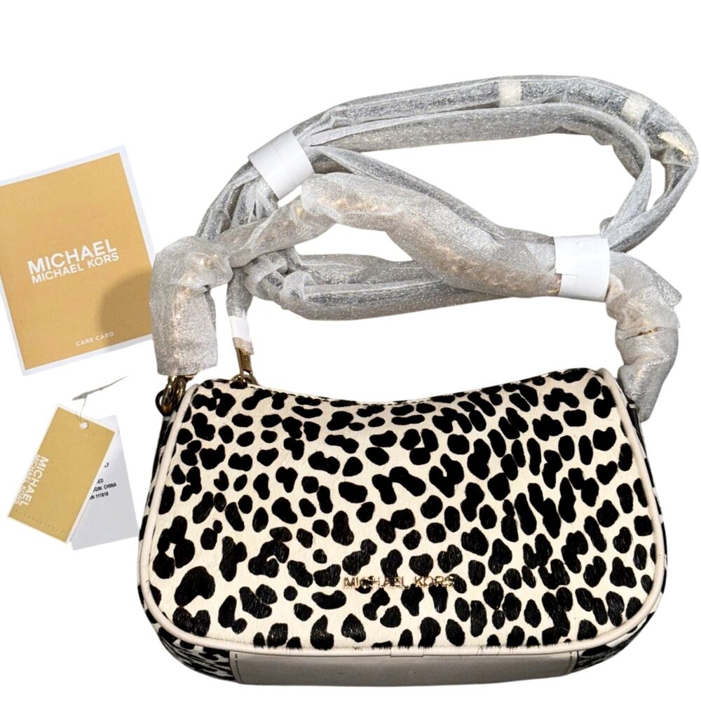 Michael Kors Carmela Small Pouchette Crossbody Leather Calf Hair Lt Cream - $398